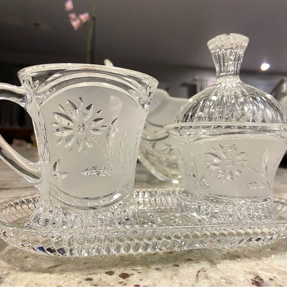 Cut Crystal Creamer and Sugar Set W Tray Lausitzer German Floral Pattern - Picture 1 of 10